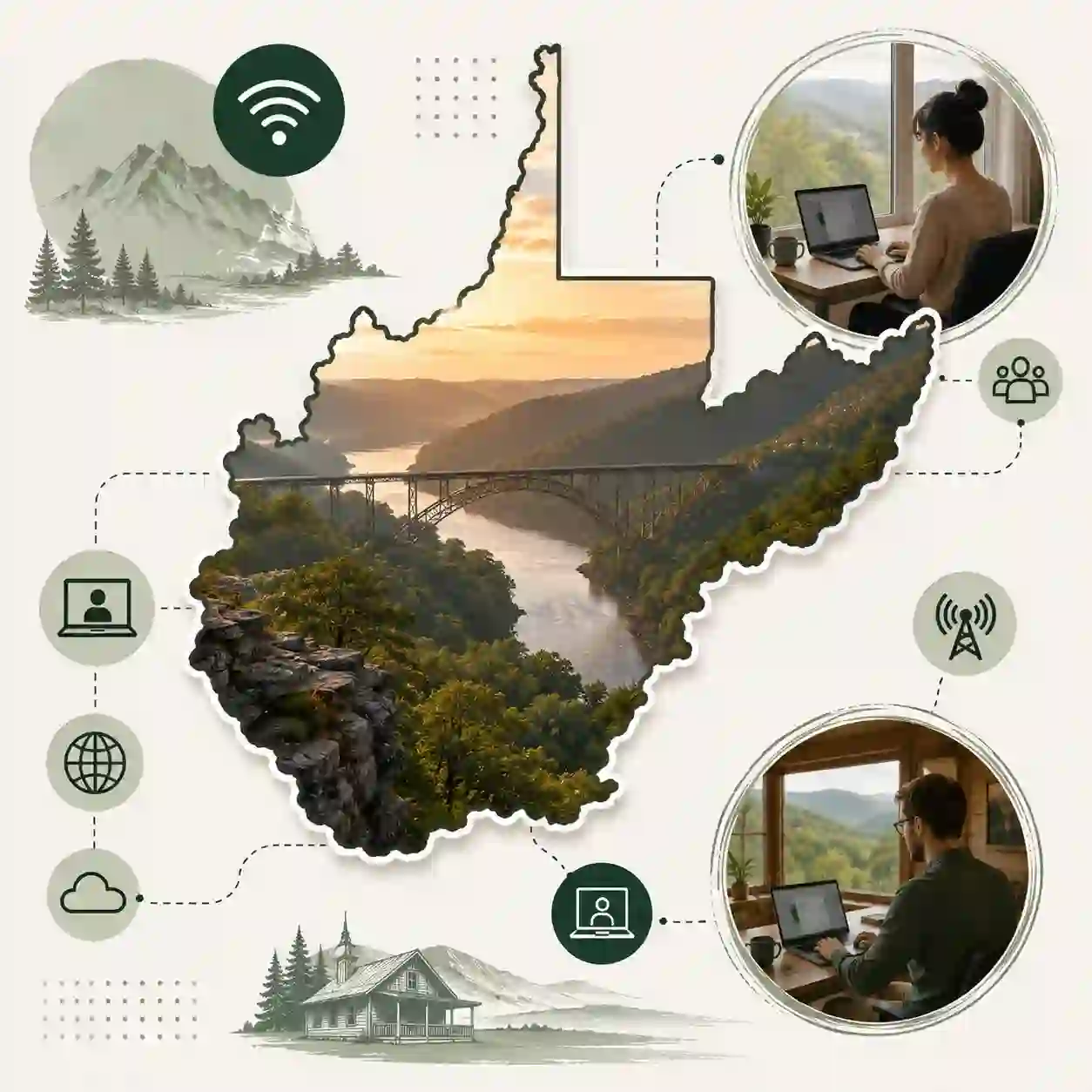 West Virginia state map with icons for mobile, office, remote team and call center connected to a central phone pin